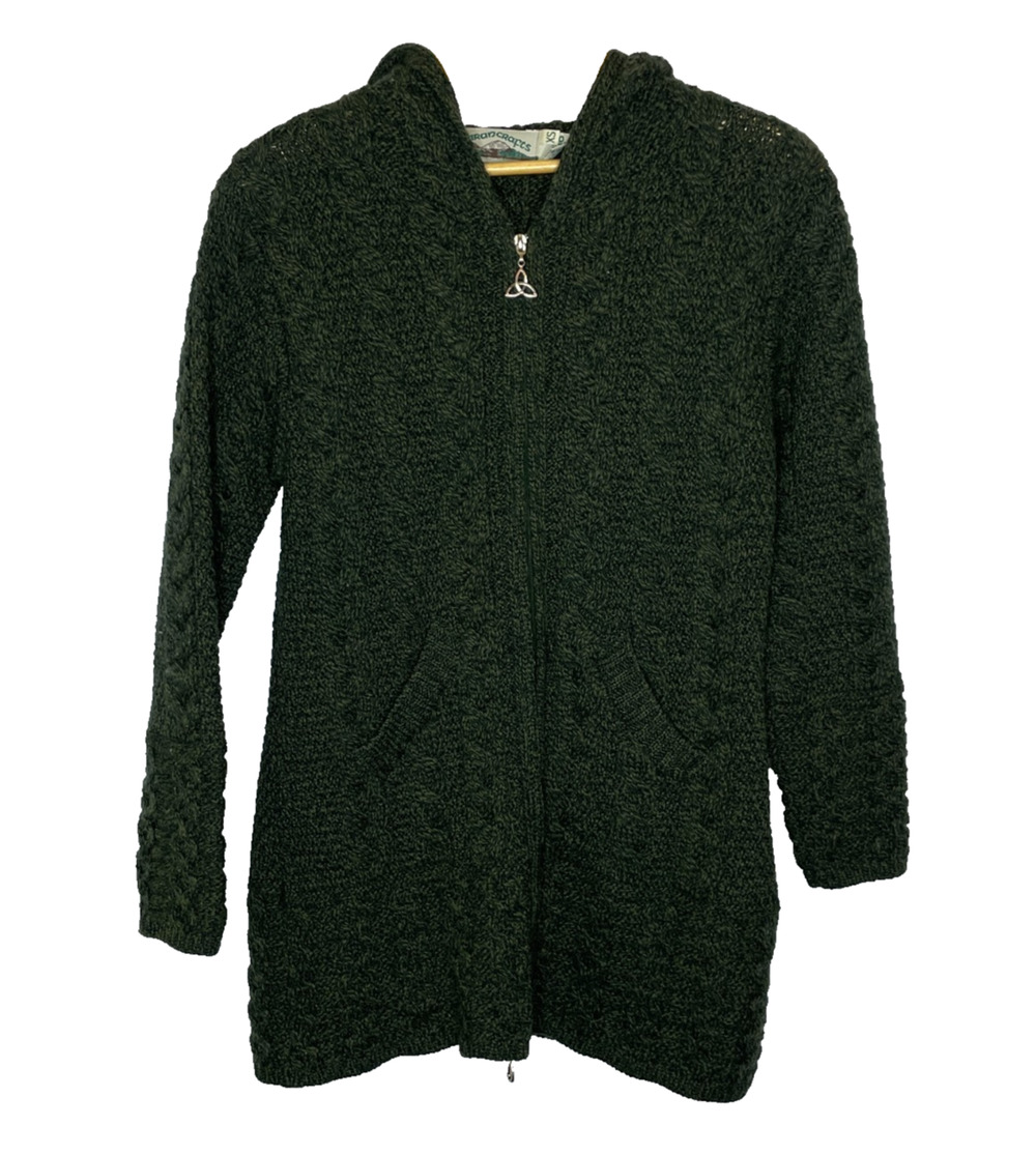 Women's XS Aran Crafts Dark Green Merino Wool Cable Knit Sweater Zip